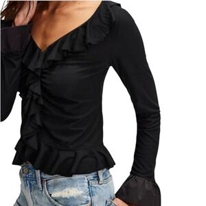 NWT FREE PEOPLE Irena Long Sleeve Ruffle Detail Black Knit Top Size Medium